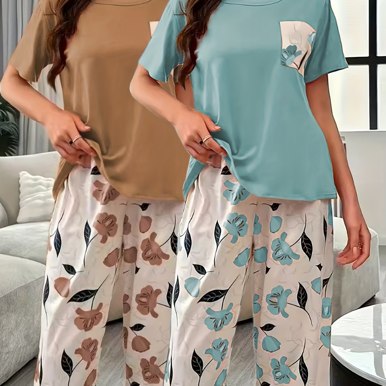 Women's Pajama Set Short Sleeve Floral Print Cozy Polyester Blend