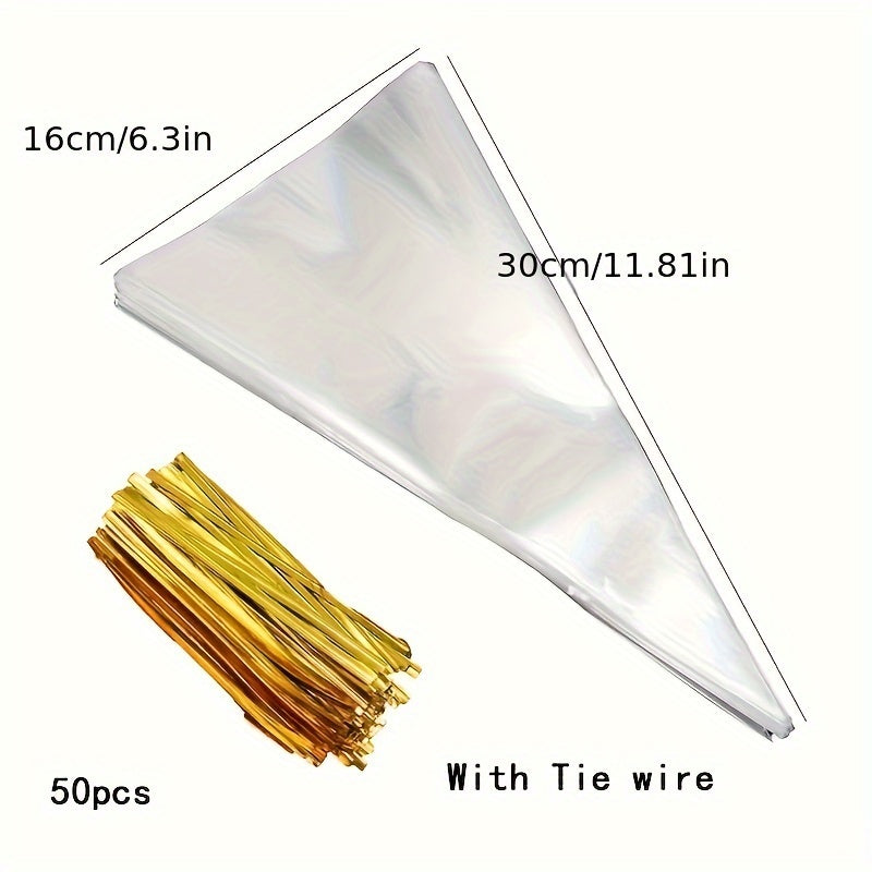 Прозрачные треугольные пакеты для угощений с завязкой из проволоки для конфет, мороженого, попкорна, упаковка 50