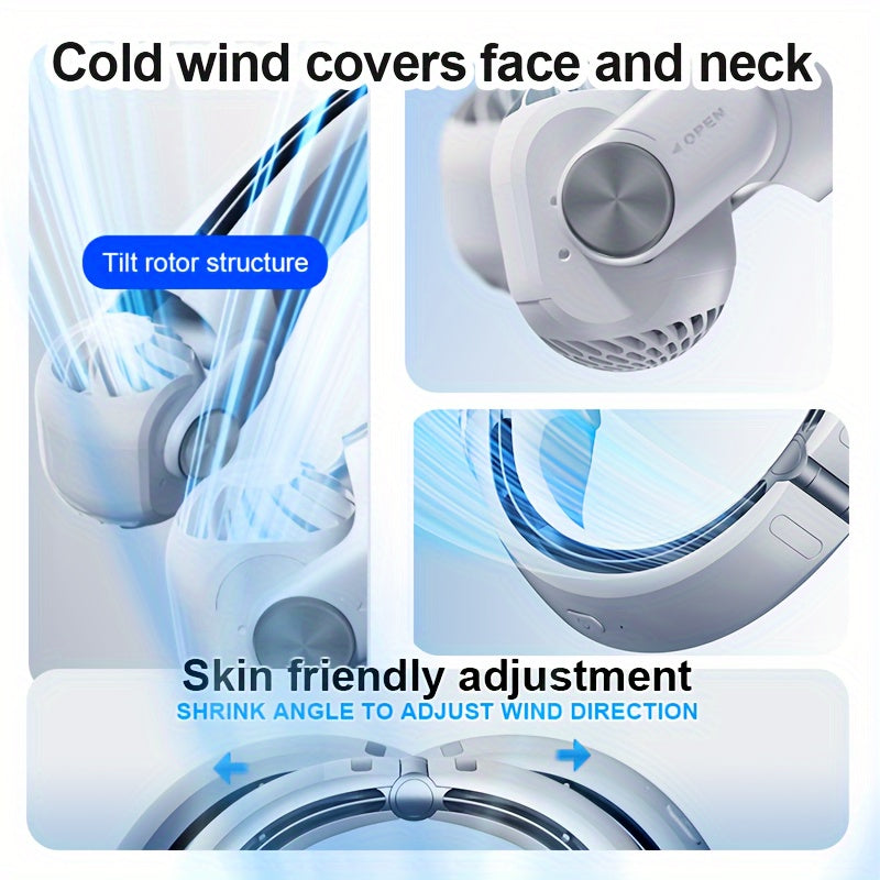 Portable Wearable Neck Fan with Adjustable Tilt Rotor, USB Charging, Silent Operation