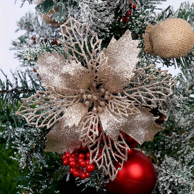 Artificial Christmas Flowers Set 10 Pieces 9cm Glitter Tree Ornaments for Holiday Decor