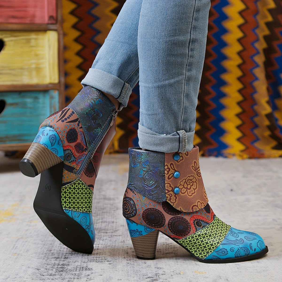 Women Bohemian Ankle Boots Fabric Insole Block Heel with Floral Patterns