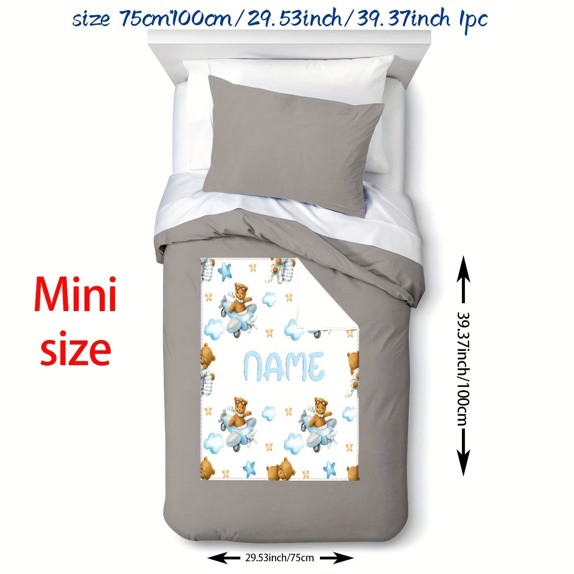 Customizable Flannel Blanket with Bear and Airplane Design for Kids and Adults