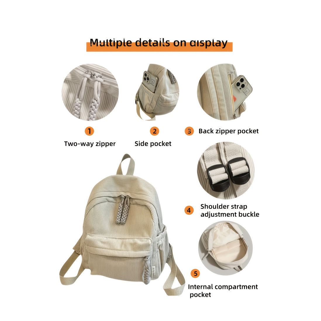 Women's Casual Corduroy Backpack Lightweight Zipper Closure Adjustable Straps