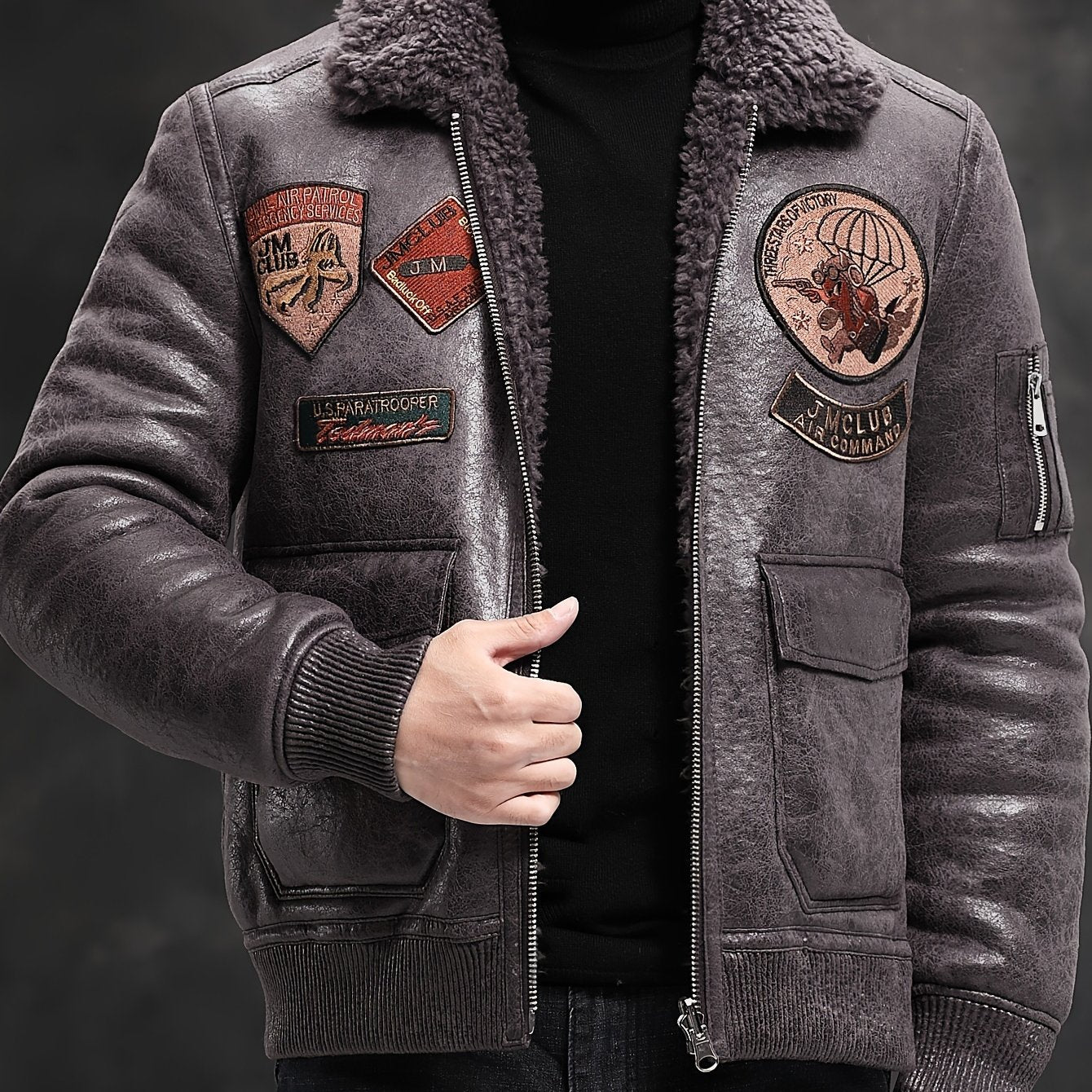 Men's Faux Fur Lined Biker Jacket with Applique Air Force Style Zipper Closure Fall Winter