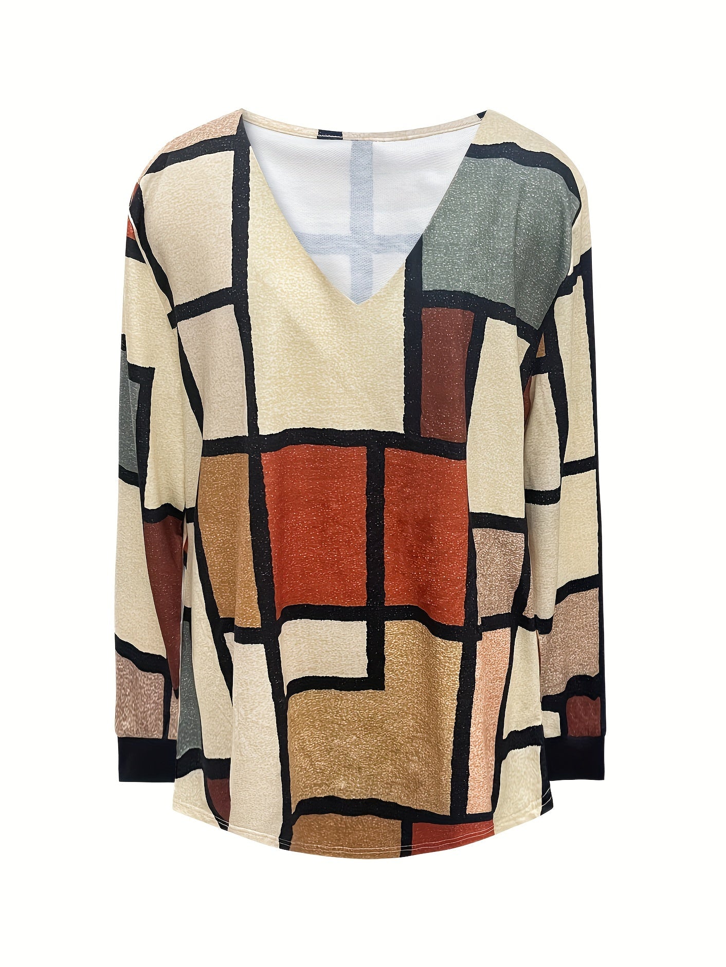 Women's Geometric Color Block V-Neck Long Sleeve Sweatshirt Plus Size Casual Warm Winter