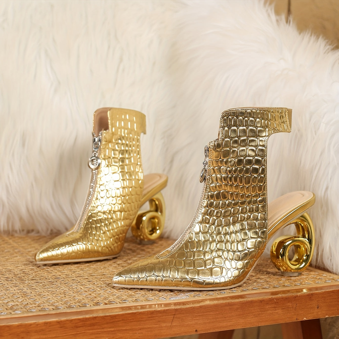 Women's Golden Crocodile Pattern High Heel Boots with Ankle Strap