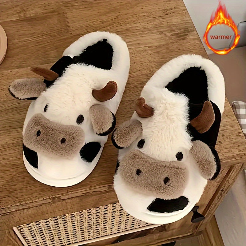 Unisex Plush Cow Pattern Slippers Comfortable Indoor Outdoor Warm