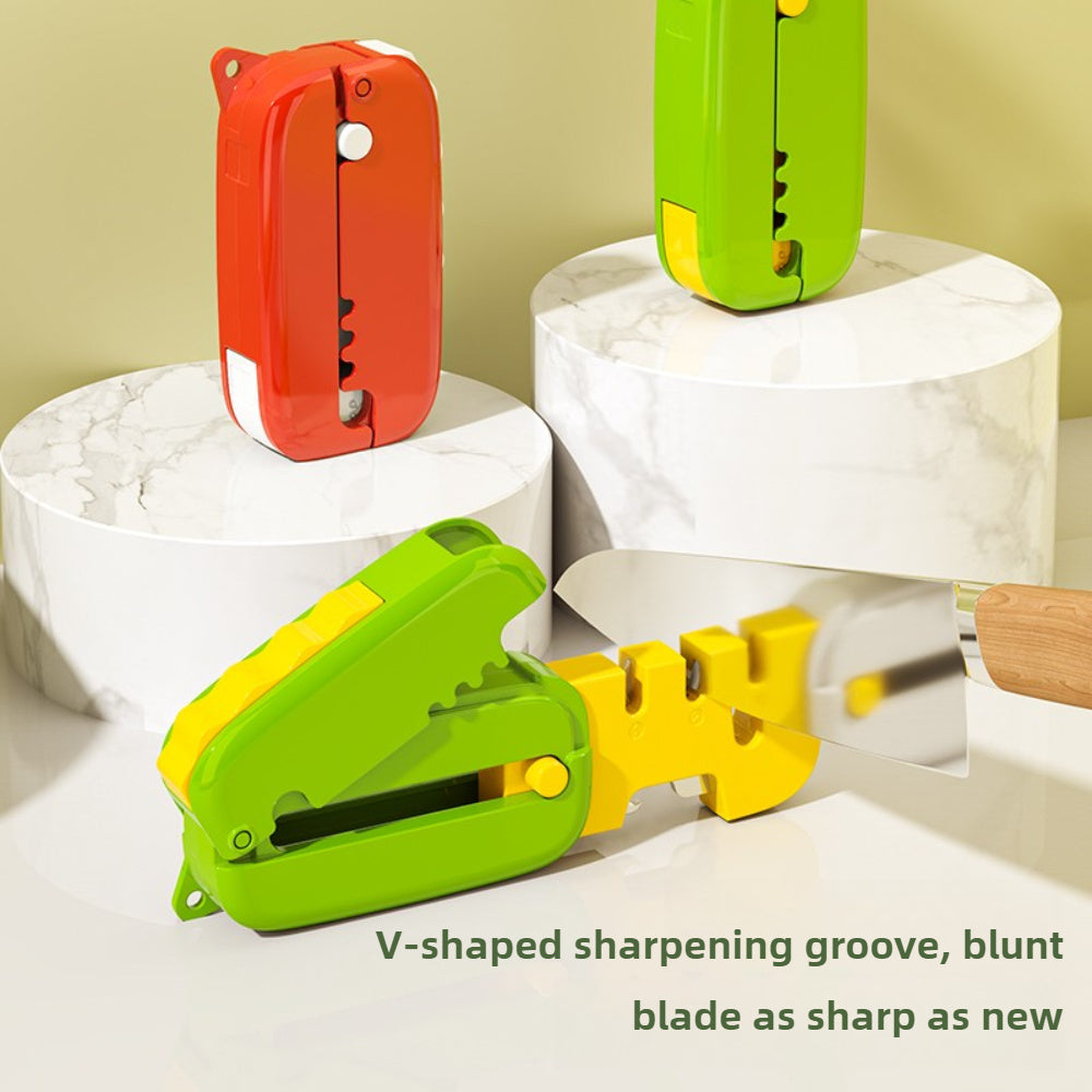 "Pichoqni o'tkirlashtiruvchi, osish teshigi bilan - Ko'p funksiyali, ixcham dizayn, mustahkam plastikdan tayyorlangan - Oshxona pichoqlari uchun mukammal - Qizil yoki yashil rangda mavjud - Quvnoq pichoqni o'tkirlashtirish vositasi"