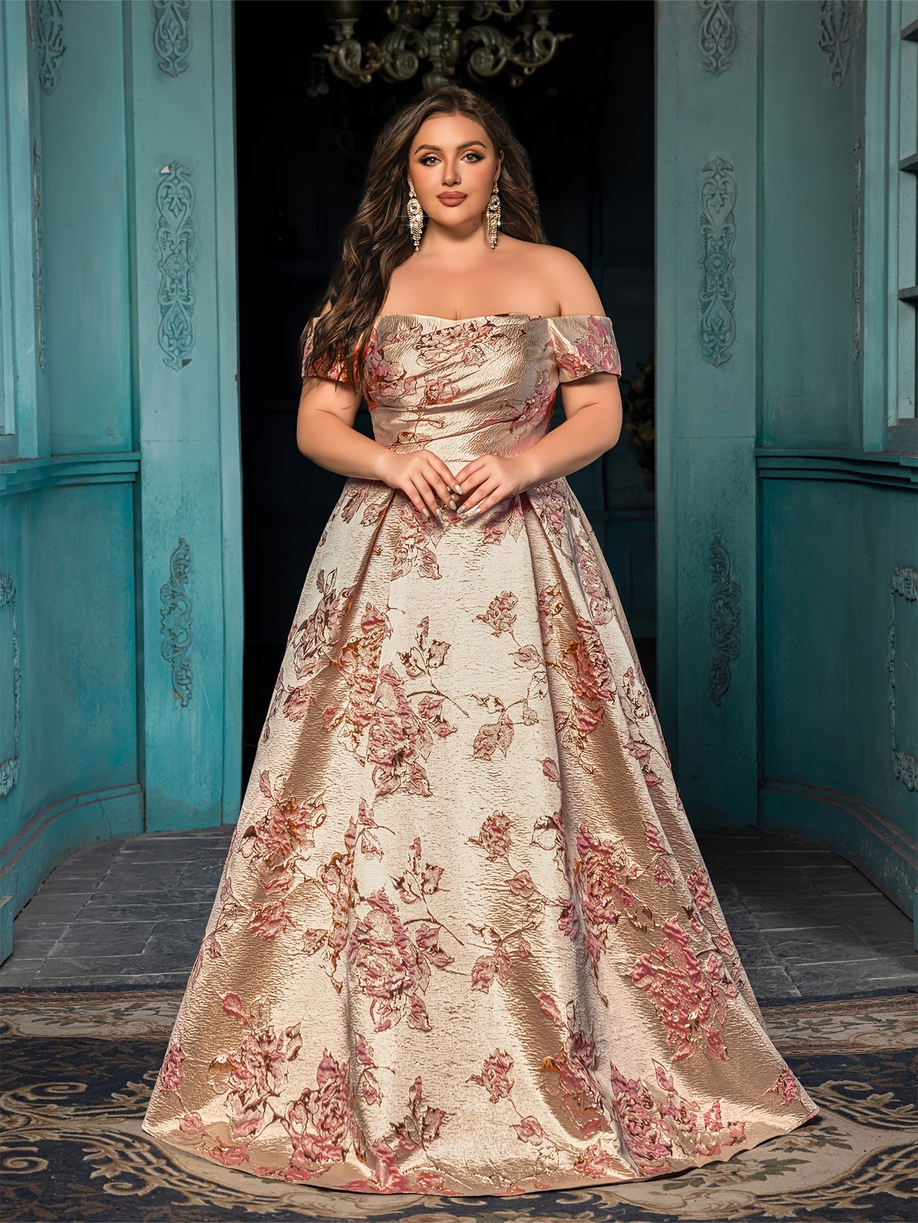 Plus Size Off-Shoulder Formal Evening Gown Floral Print Mermaid Bridal Dress