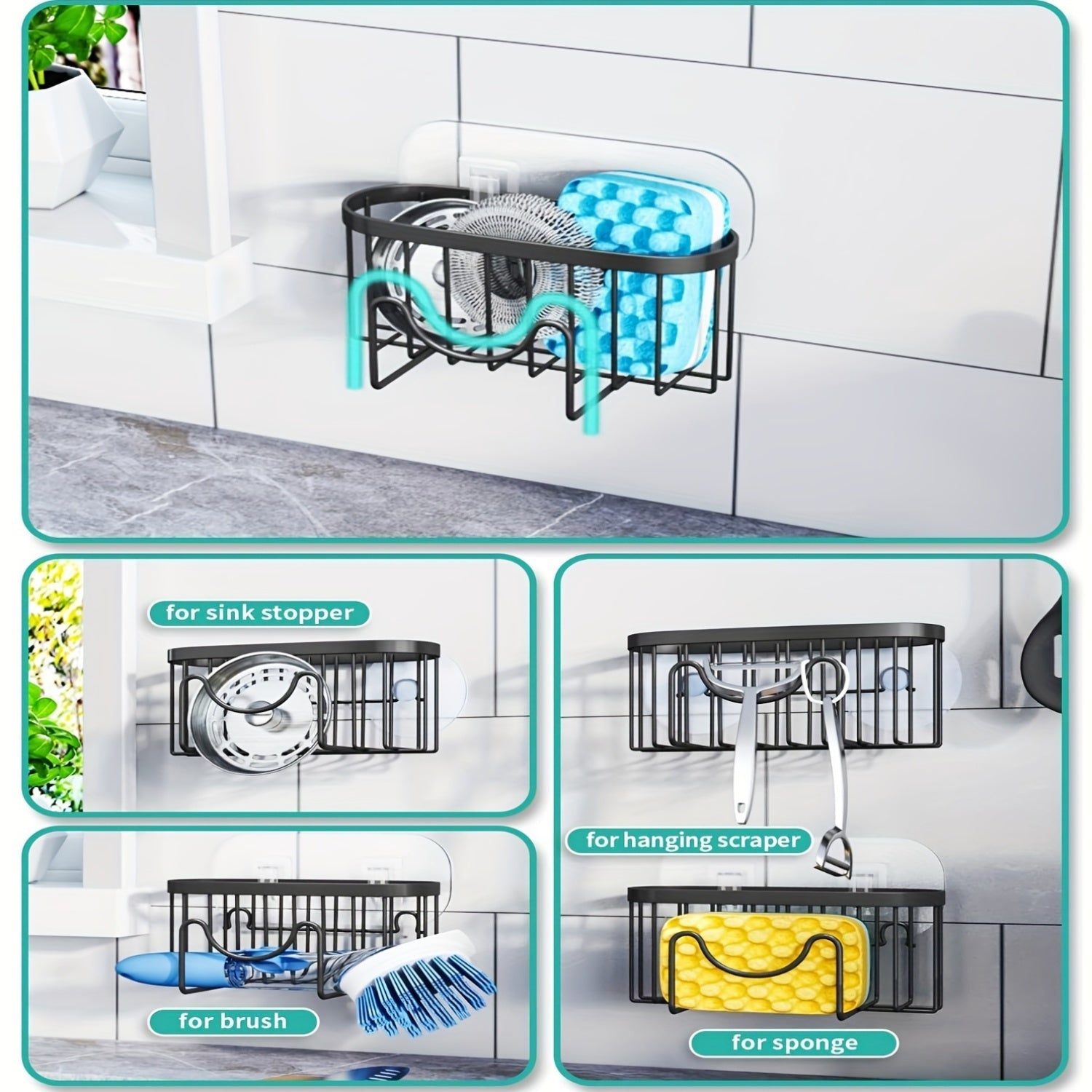 Multifunctional Wall-Mounted Sponge Rack Stainless Steel Sink Organizer for Kitchen Bathroom