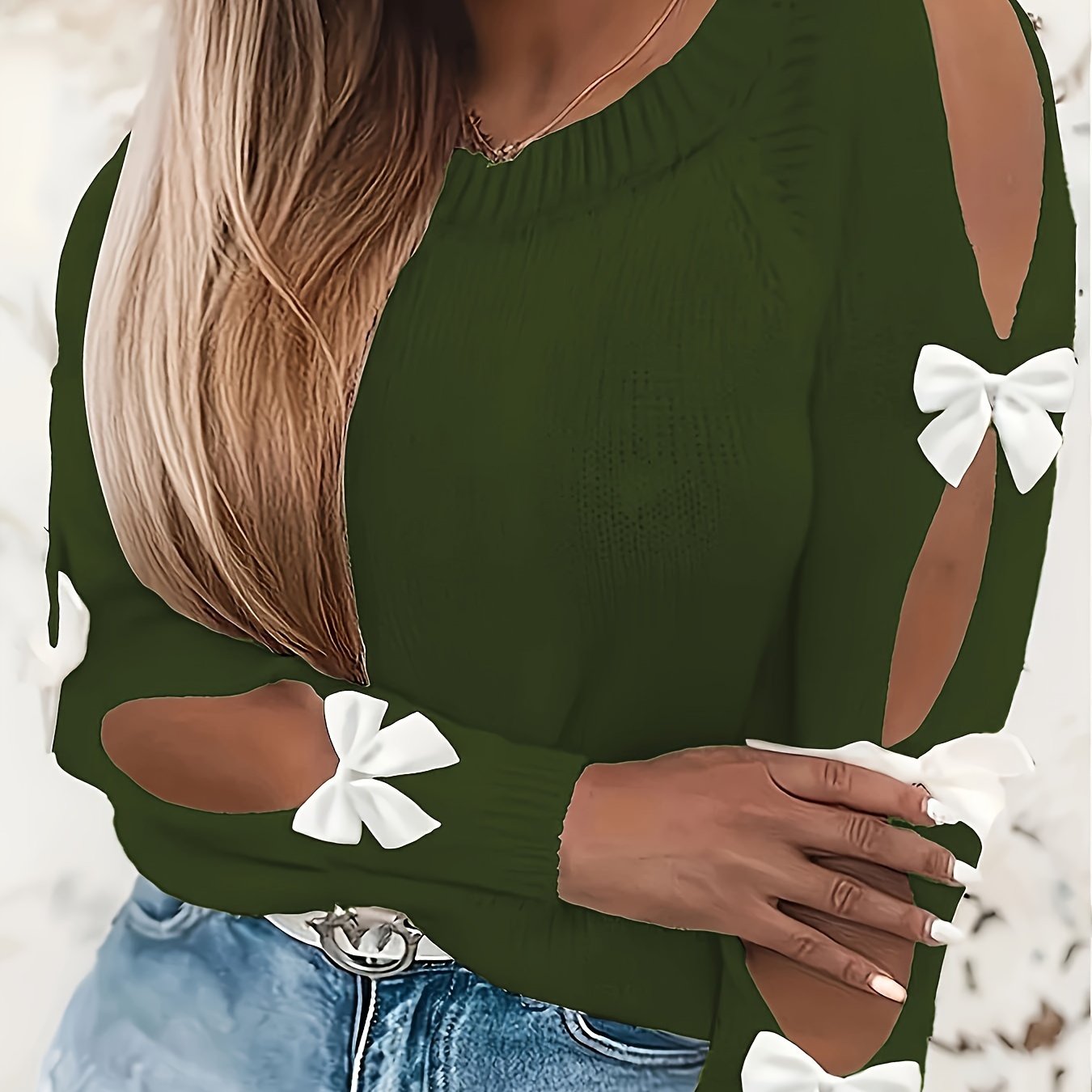 Plus Size Women's Sweater Long Sleeve Bow Accent Fall Winter Pullover