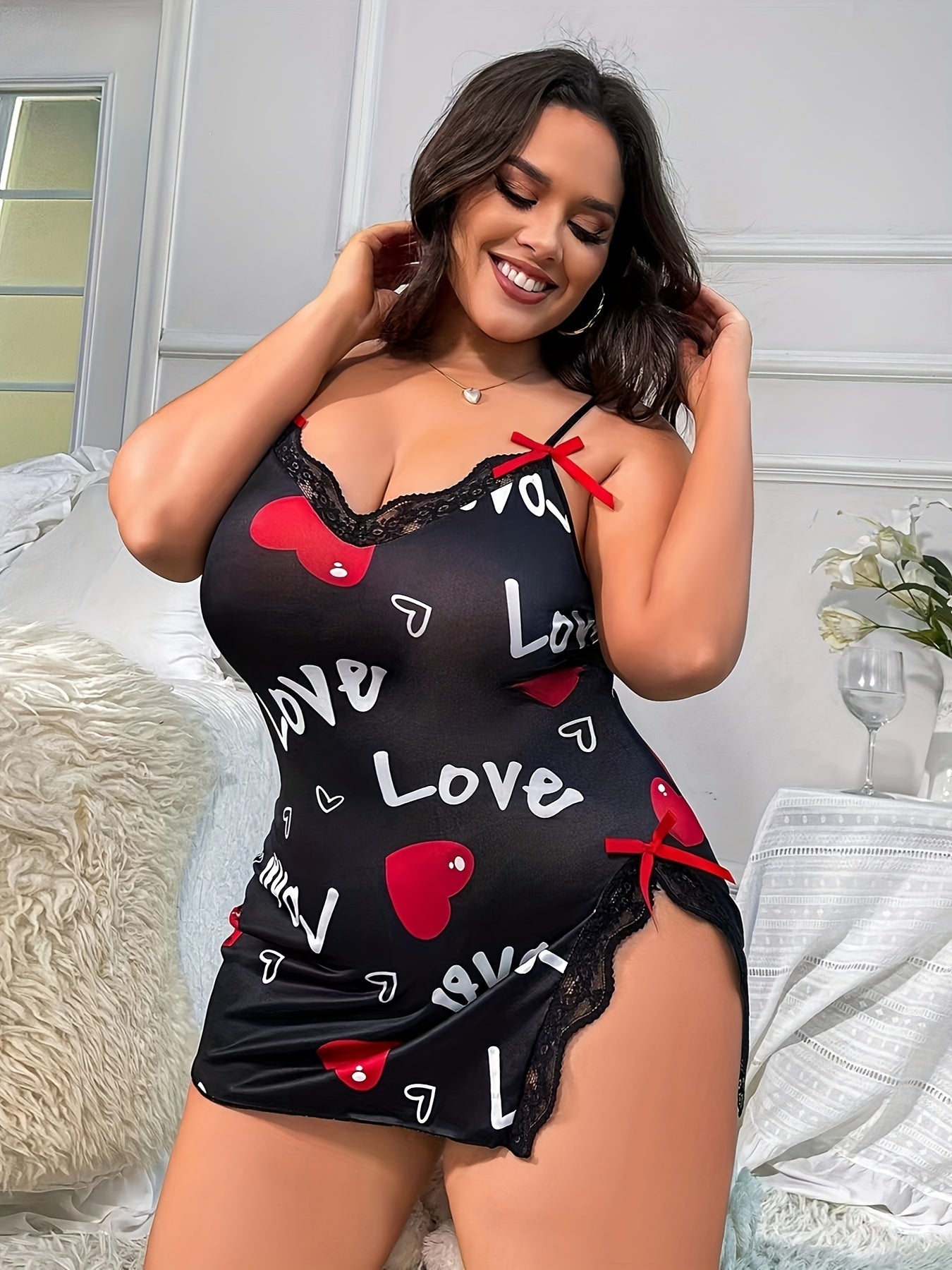 Plus Size Women's Lace Slip Dress with Heart Print and Bow Decor