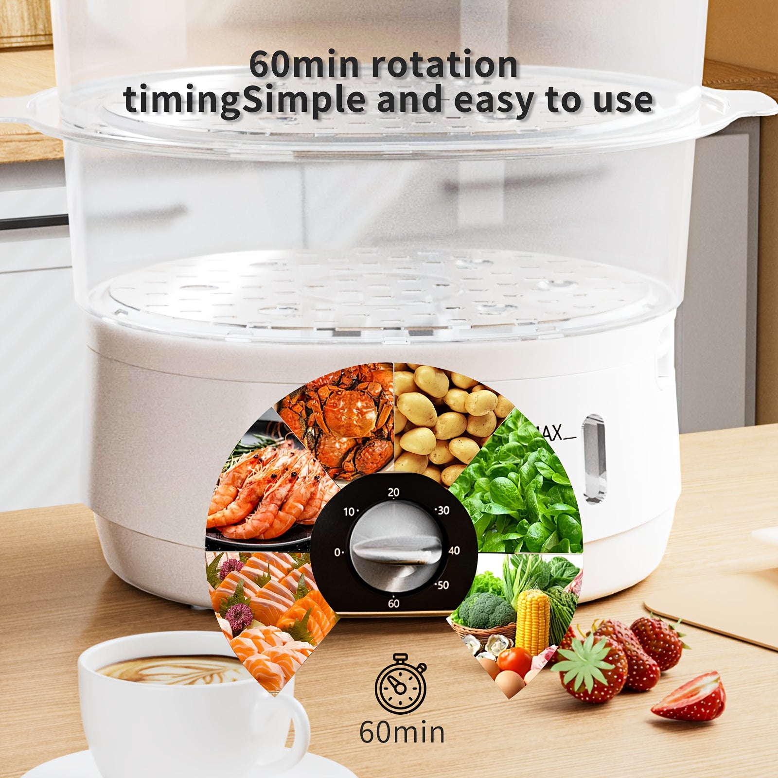 Vaporera eléctrica de 3 niveles 800W libre de BPA, apta para lavavajillas, temporizador de 60 minutos