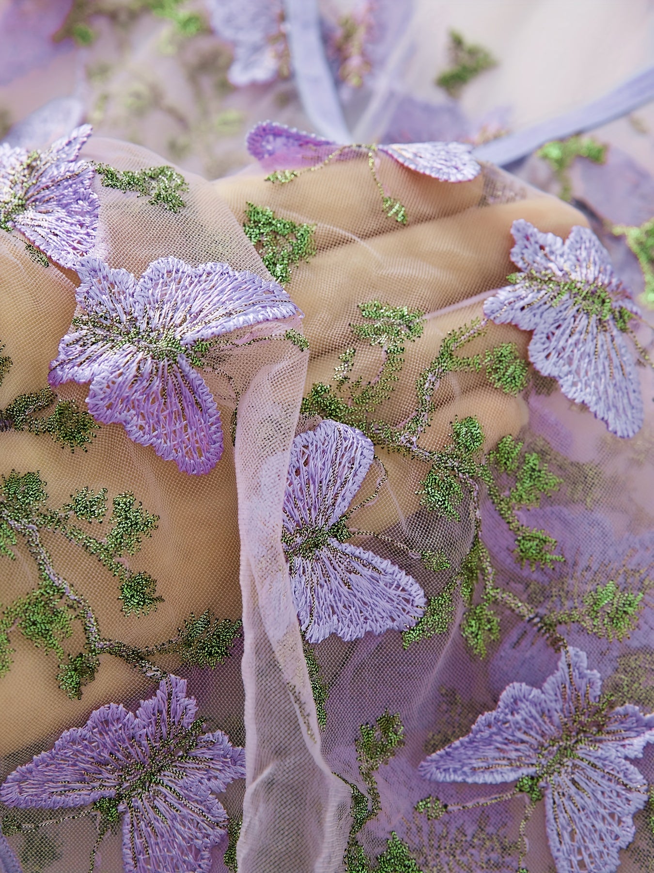 Women's Mesh Lingerie Set with Embroidered Butterfly Details Sheer V-Neck Slip Dress and Thong