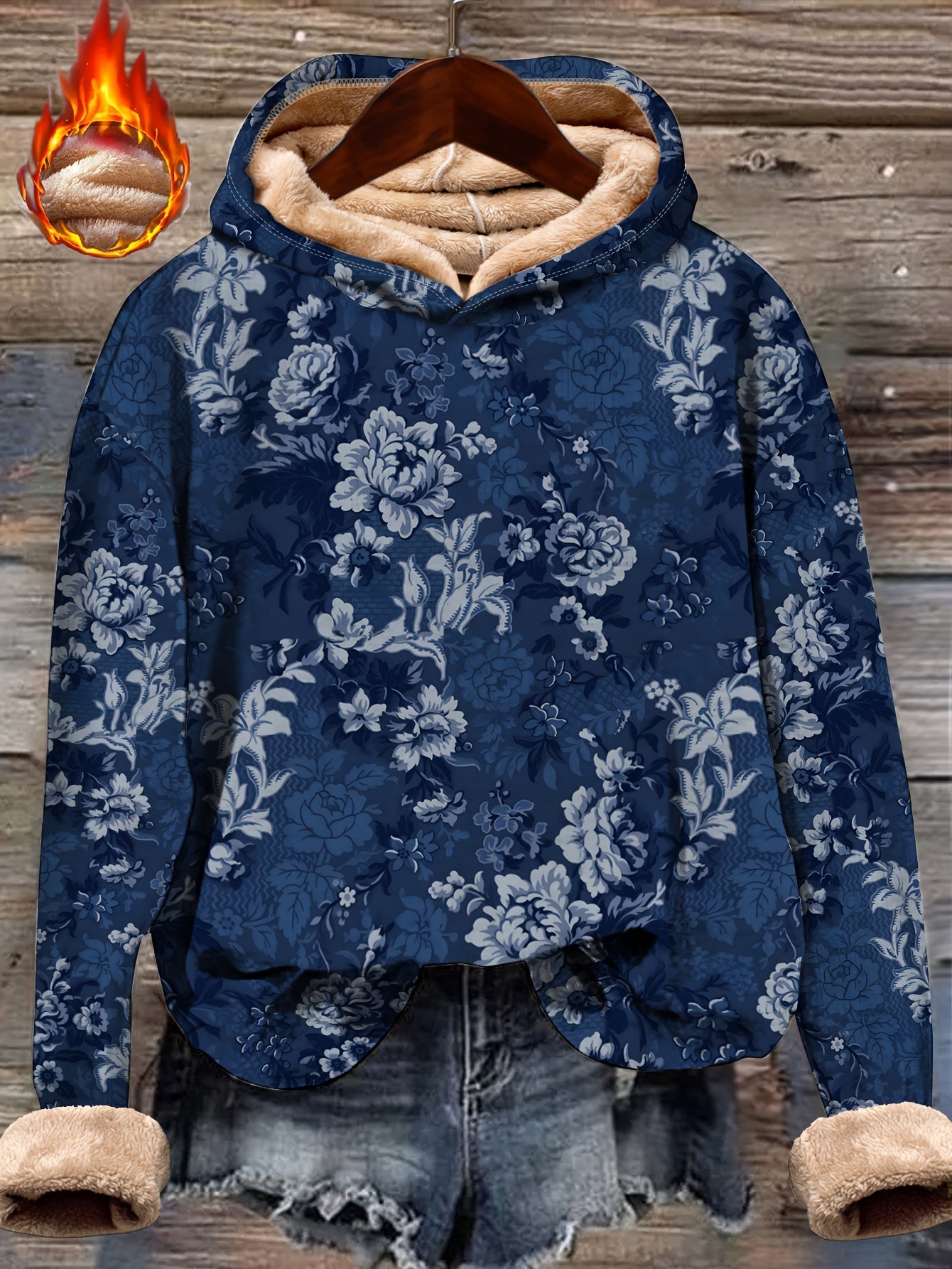 Plus o'lcham ayollar uchun fleece bilan qoplangan gulliy bosma kapüşonli uzun qolli kundalik svitshot