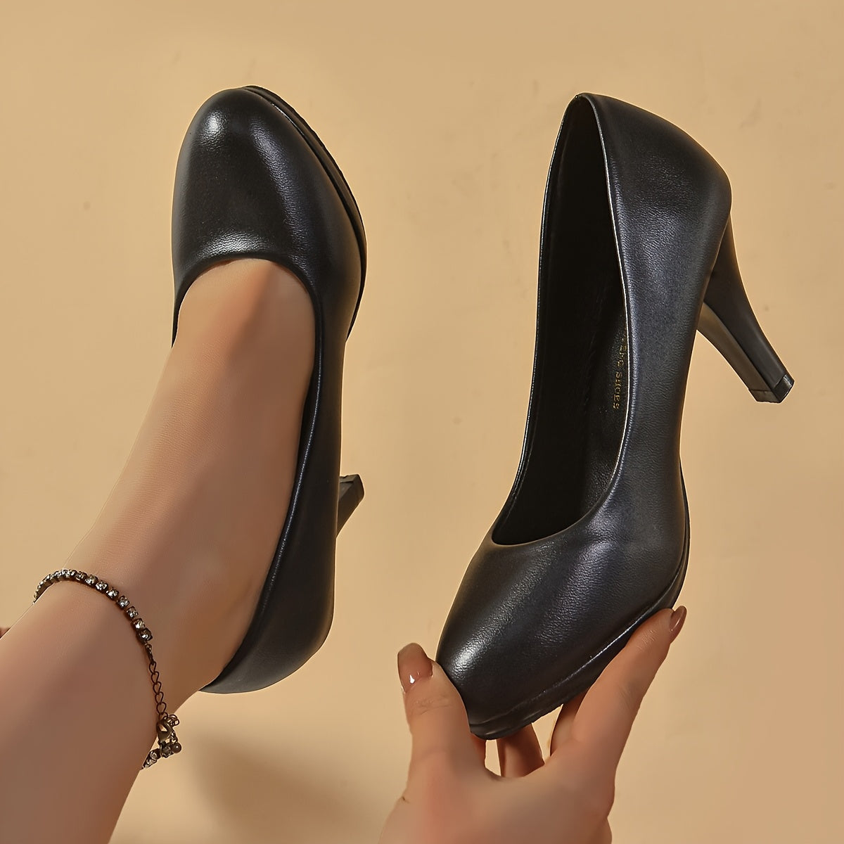 Women's Black Faux Leather Chunky Heel Dress Pumps Slip-On Shoes