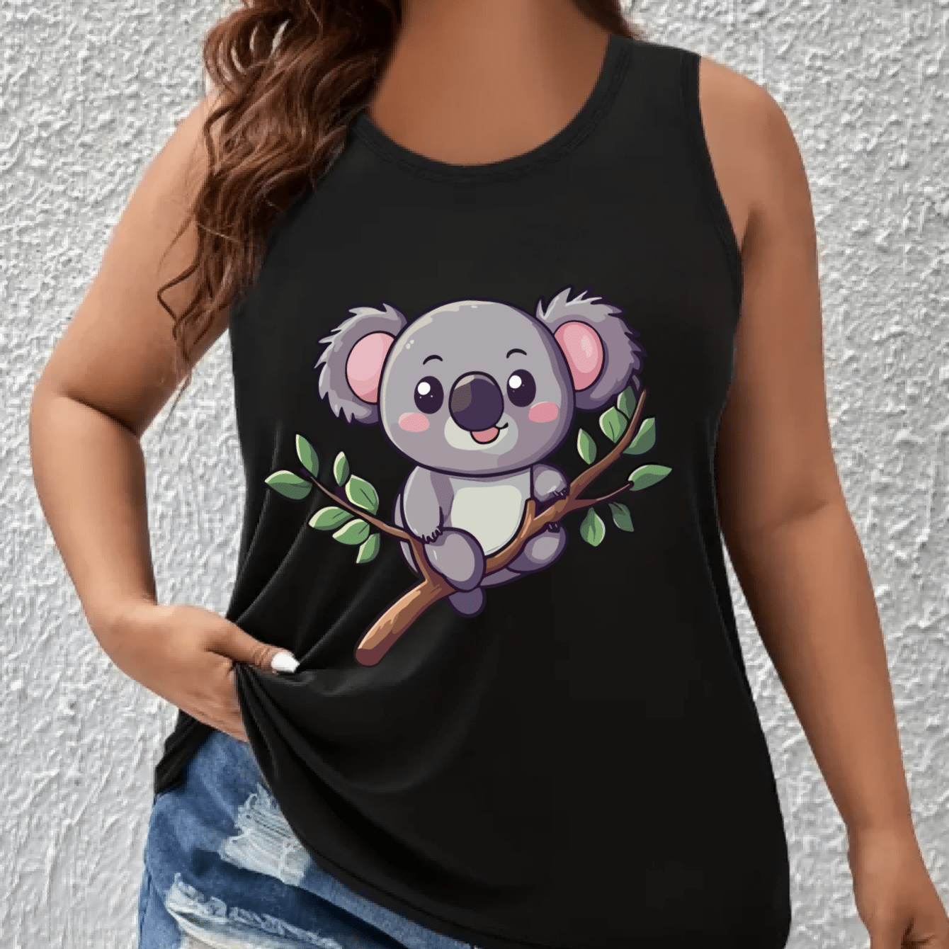Plus Size Women's Breathable Cotton Tank Top with Cartoon Koala Light Blue