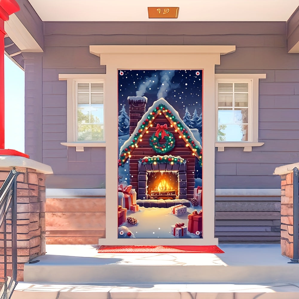 Festive Snowy Fireplace Door Cover for Holiday Winter Events Cozy Entryway