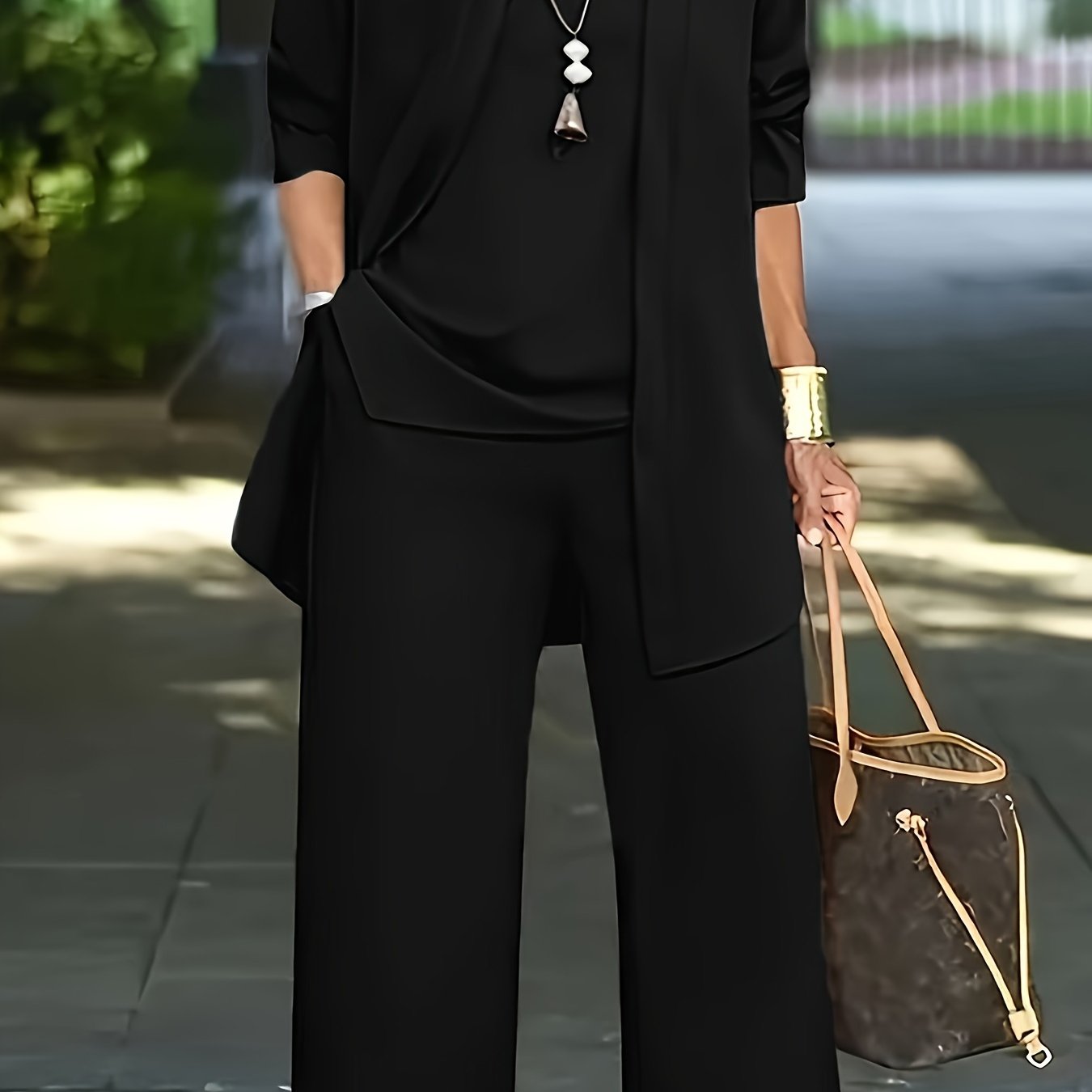 Women's Brown Two-Piece Set Long Sleeve Cardigan Wide Leg Pants Polyester Casual Elegant