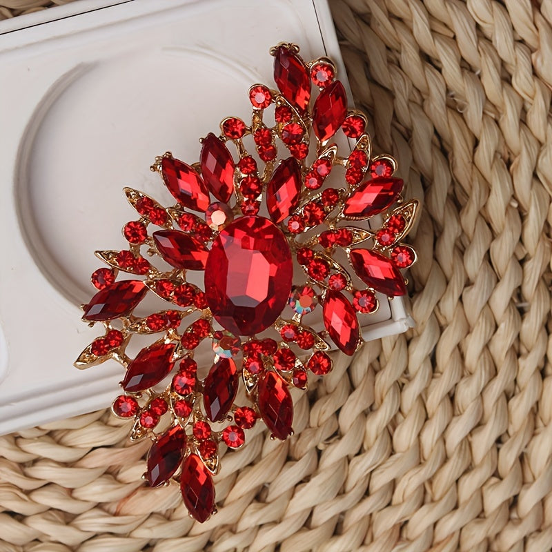 Red Crystal Glass Brooch Pin with Large Floral Design for Women