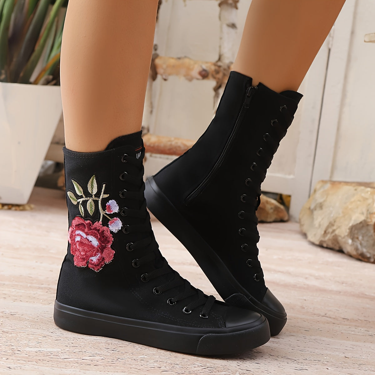 Women's Floral Embellished Mid-Calf Boots Leather Low Heel Casual All-Season