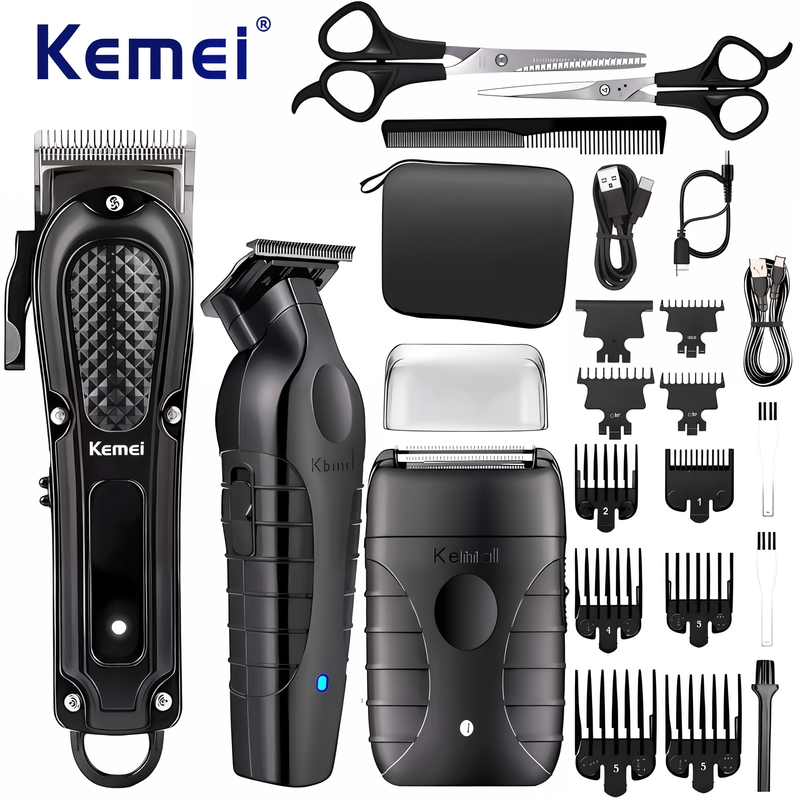 Kemei Professional Hair & Beard Trimmer Set: USB Rechargeable, Cordless Electric Shaver for Men