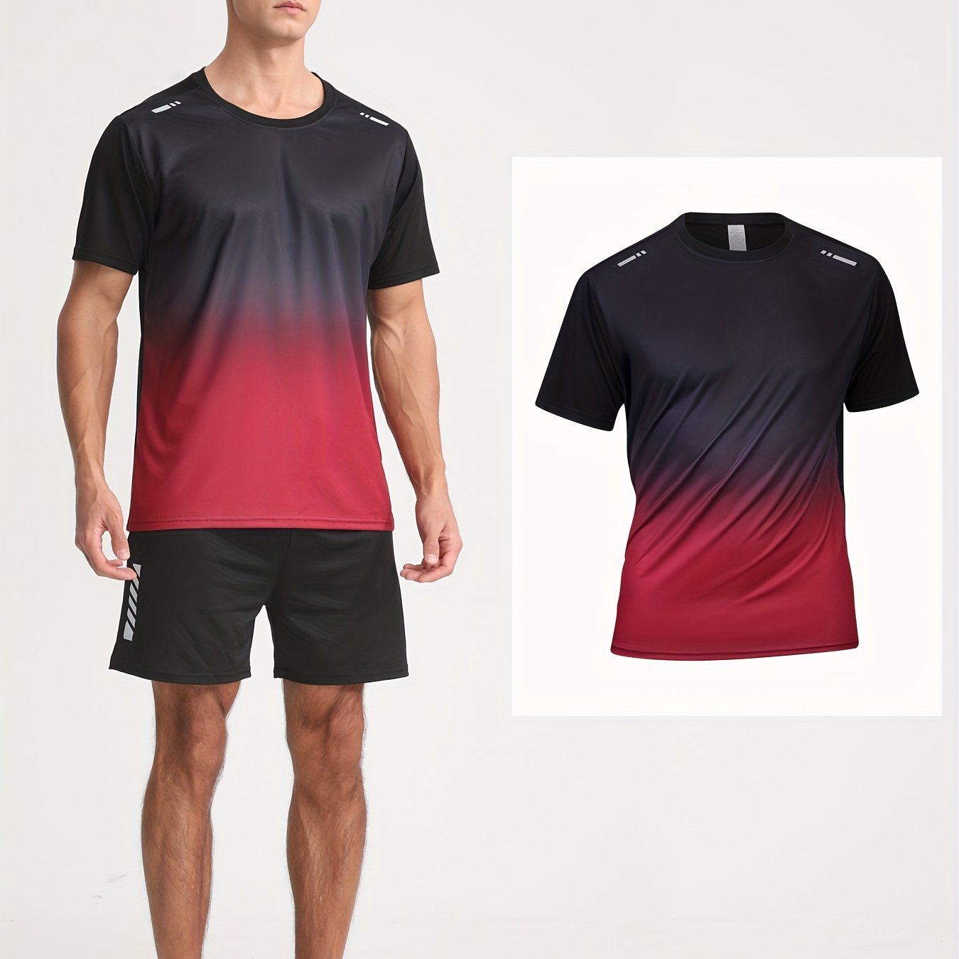 Men's Gradient Color Short Sleeve T-Shirt in Black to Blue Polyester Casual Summer