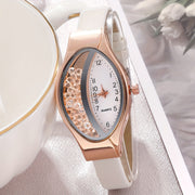 Women's Quartz Watch Oval Pointer Quicksand Dial PU Leather Band