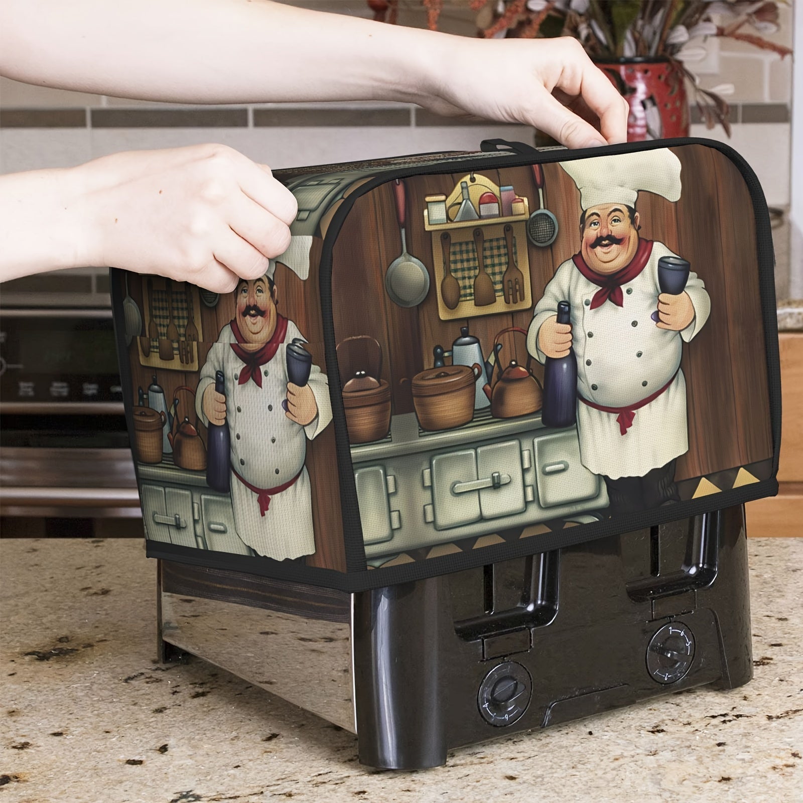 Vintage Farmhouse Style Toaster Cover with Funny Fat Chef Design Washable Dustproof Kitchen Appliance Protector for 2/4 Slice Toasters