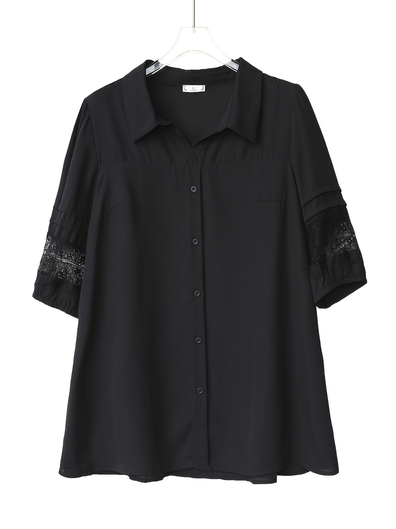 Plus Size Women's Black Chiffon Lace Trim Top Casual Short Sleeve Blouse