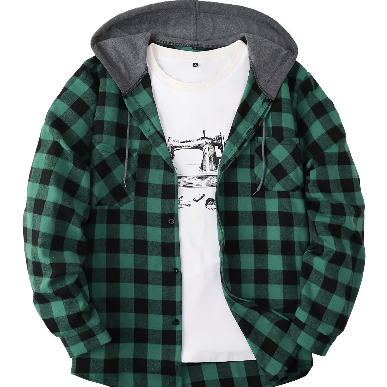 Men's Plaid Polyester Hooded Button-Up Jacket for Casual Sports Style