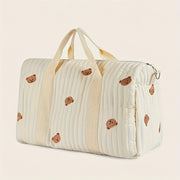 White Floral Embroidered Diaper Bag with Bear Face Patches for Parents