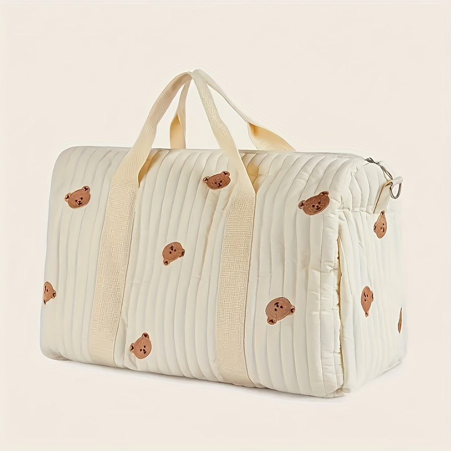 White Floral Embroidered Diaper Bag with Bear Face Patches for Parents