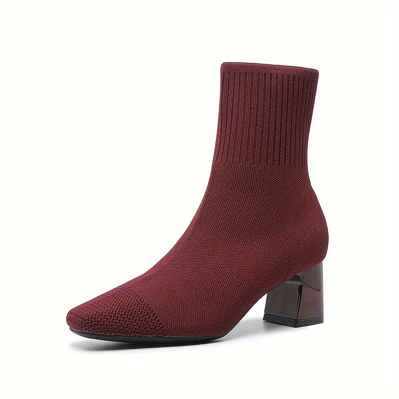 Women's Solid Color Knit Slip-On Ankle Boots with Chunky Heel