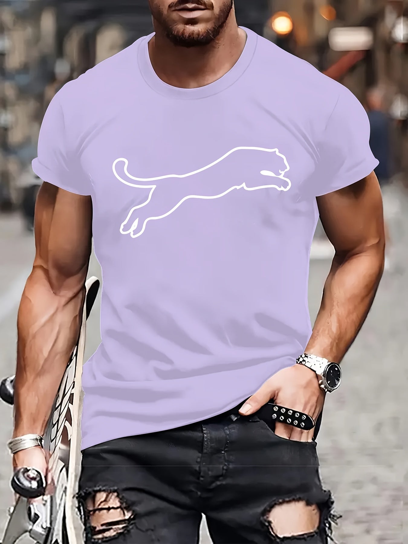 Men's Polyester Leopard Print Casual T-Shirt with Crew Neck Summer Fit