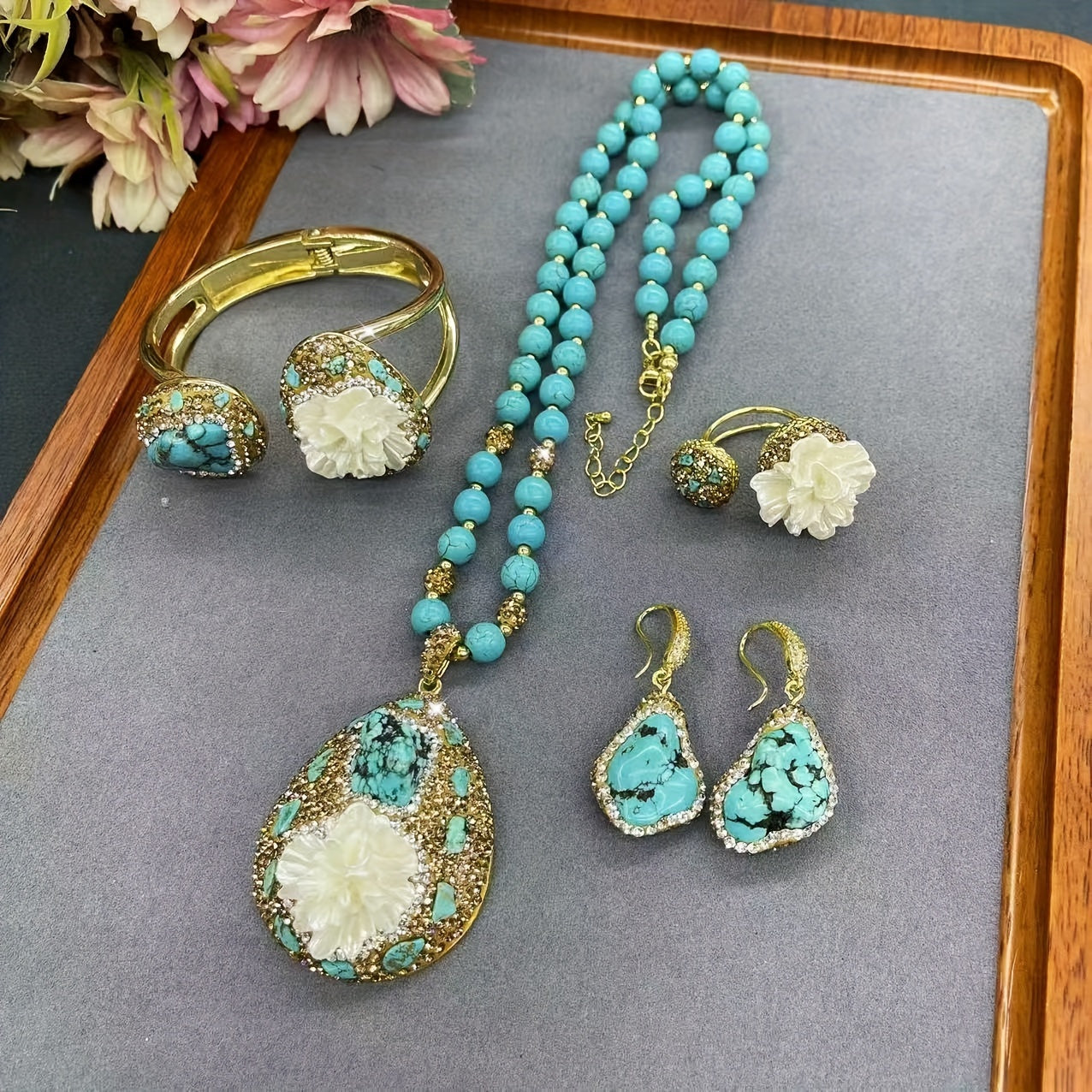 Bohemian Style Turquoise Jewelry Set with 14K Gold Plating and Czech Drill Accents for Women
