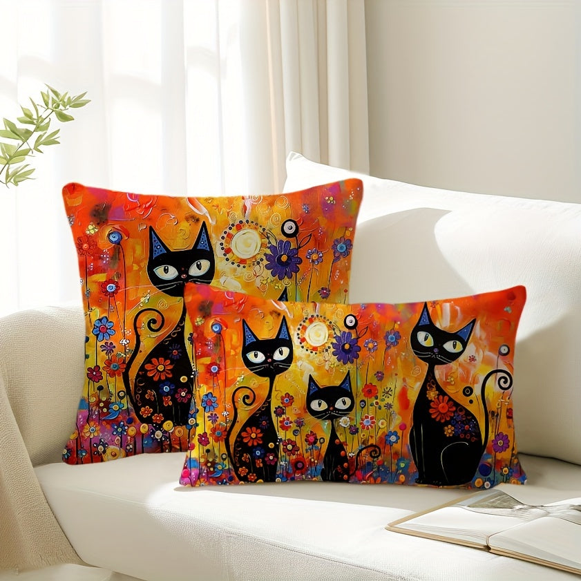 Black Cat Folk Art Throw Pillow Cover Sun Flowers 29.97x50.04cm or 44.96cm Square