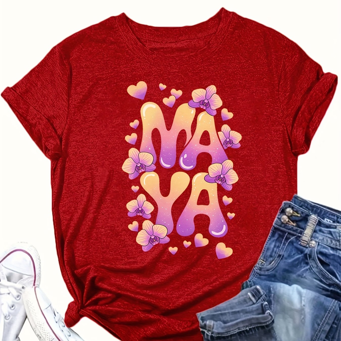 Women's Graphic T-Shirt Pink Floral Casual Loose Fit Summer Autumn Top