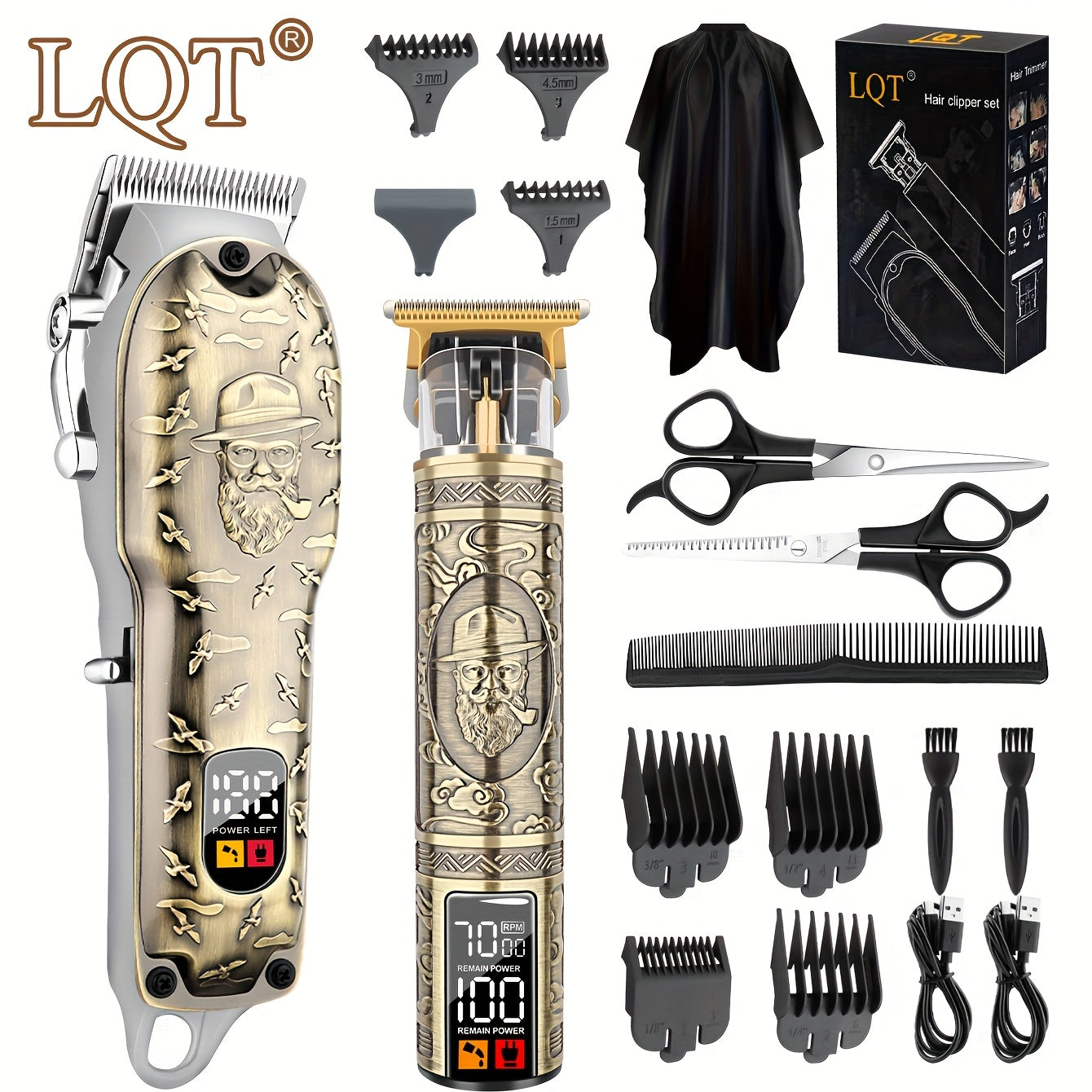 Set de cortapelos profesional con cuchilla de acero inoxidable, batería de litio recargable, carga USB, pantalla digital, operación inalámbrica, cuerpo de aleación de zinc