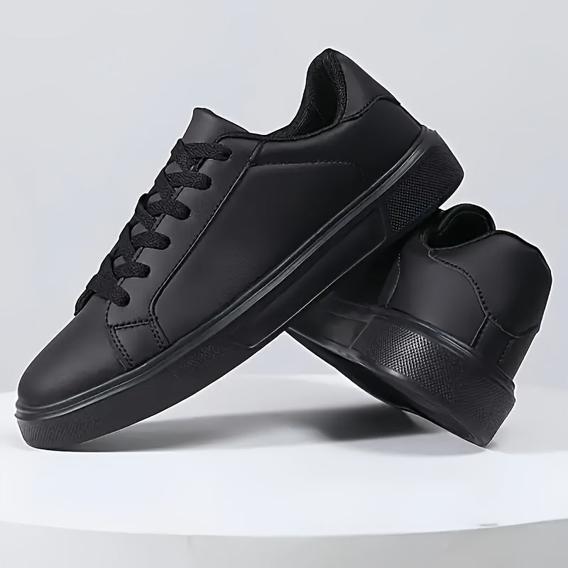 Men's Black Faux Leather Low-Top Sneakers Casual Sports Breathable EVA Sole