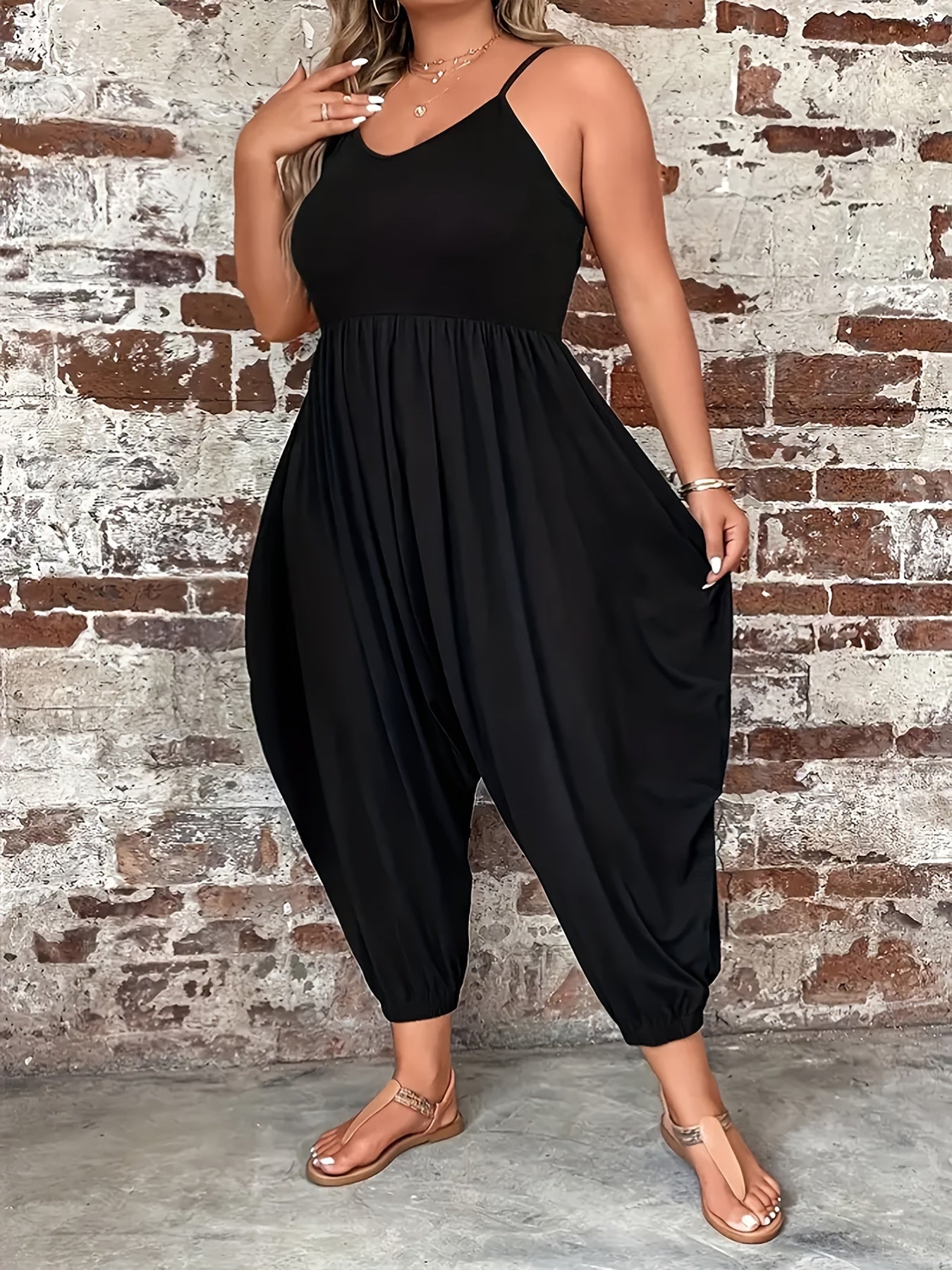 Plus Size Women's Orange Sleeveless Jumpsuit Casual Wide-Leg Beachwear
