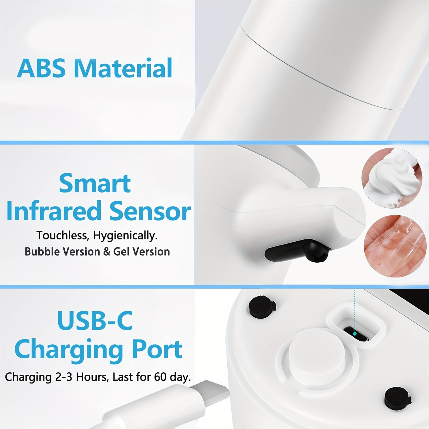 Qo'ymasiz sovun dozatori 450ml USB-C qayta zaryadlanadigan infraqizil sensor uchun hammom oshxona