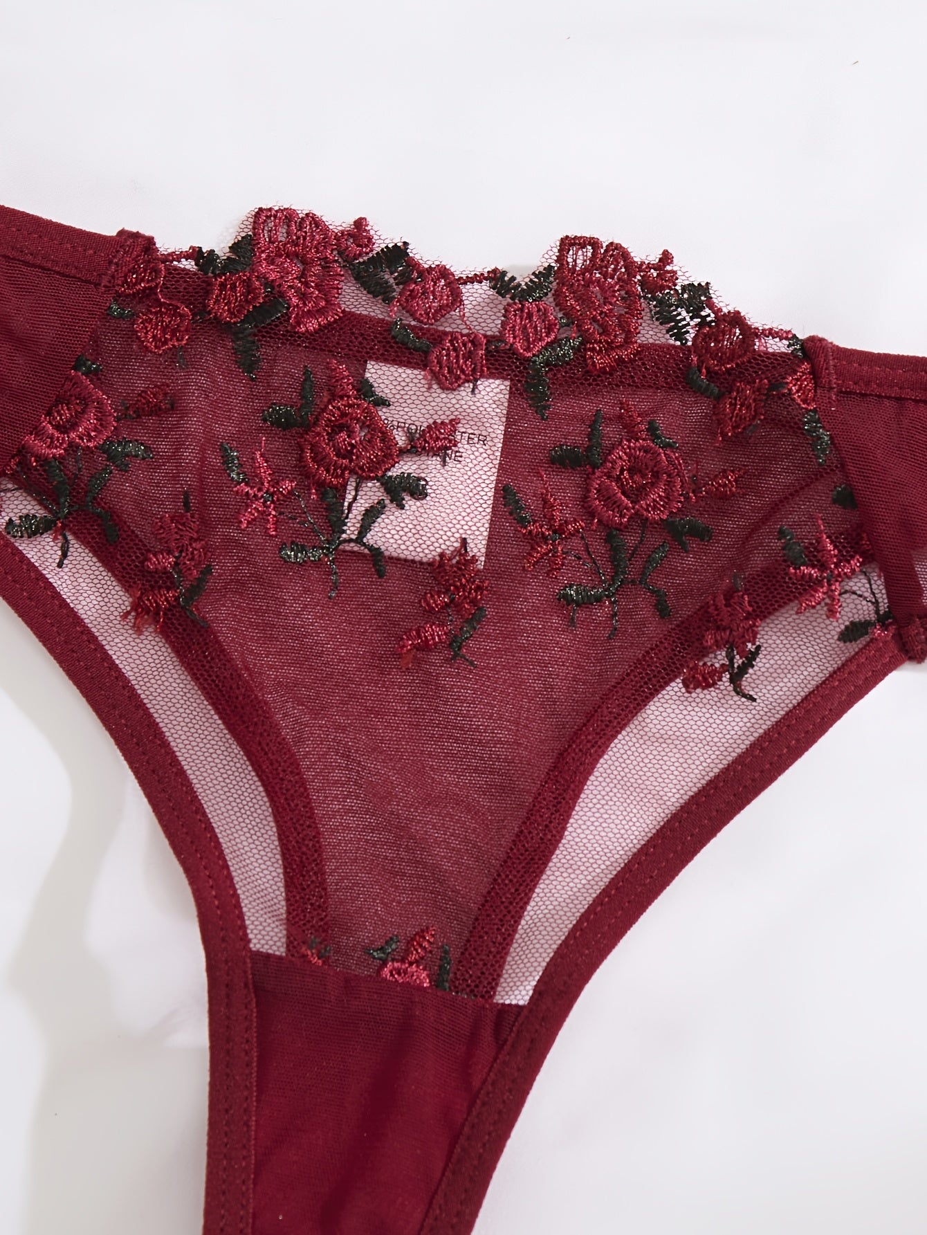 Women's Red Floral Embroidered Lingerie Set with Sheer Mesh Bra and Low-Rise Panties