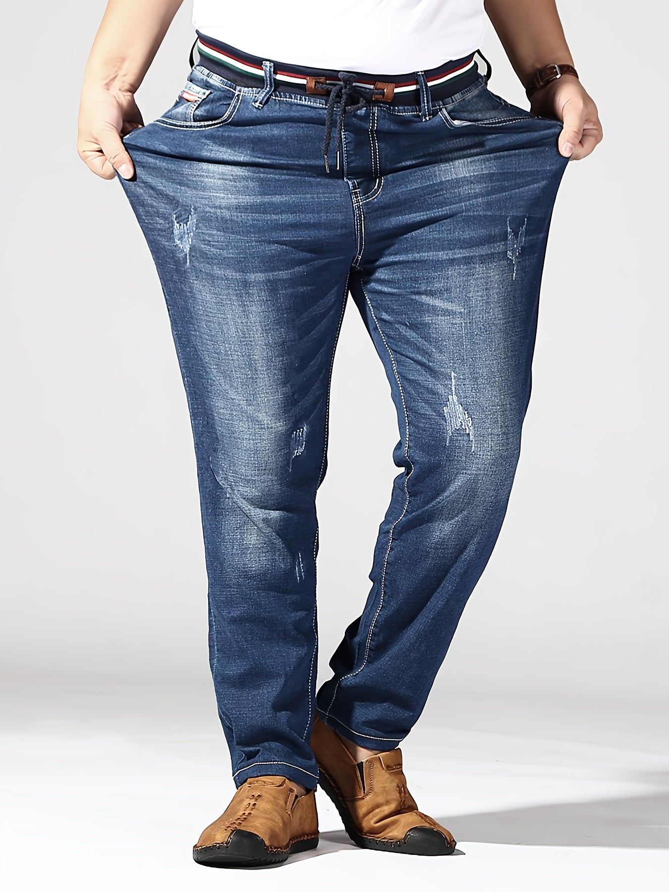 Men's Plus Size Slim Fit Stretch Denim Jeans with Elastic Waist for Autumn Spring