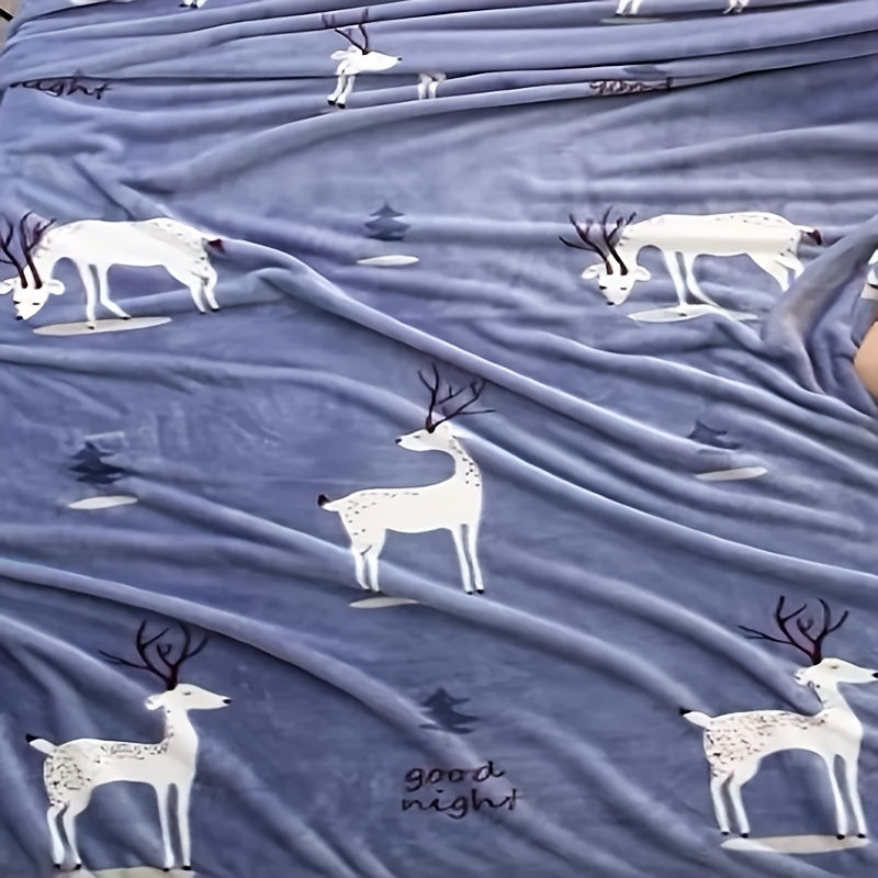 Голубое и белое полосатое одеяло из кораллового флиса с оленями, мягкое и уютное плюшевое для детей и взрослых