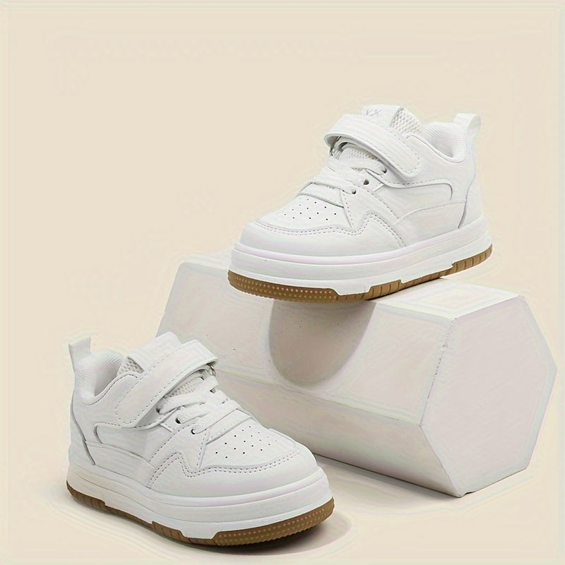 Kids' White Low Top Sneakers for Boys and Girls Adjustable Strap PU Upper Casual School Shoes