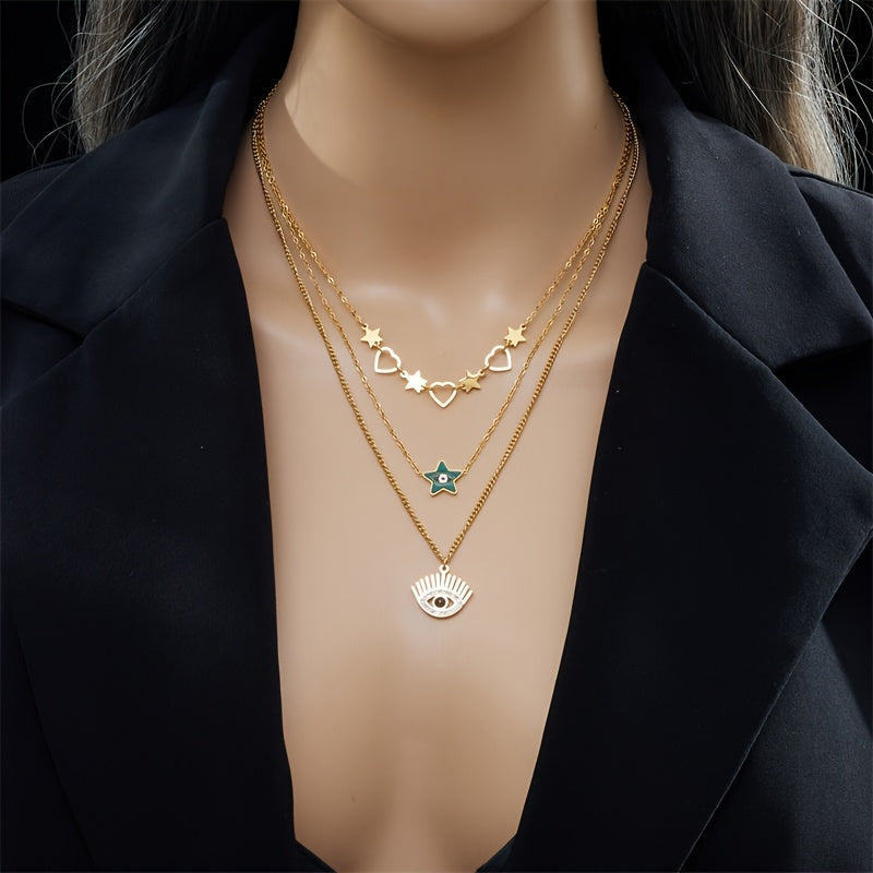Стильное многоуровневое ожерелье с подвесками в виде глаза и звезды - изготовлено из нержавеющей стали с акцентами из кубического циркония, идеально подходит для повседневной носки и подарков, идеально для креативных, заботливых и праздничных случаев