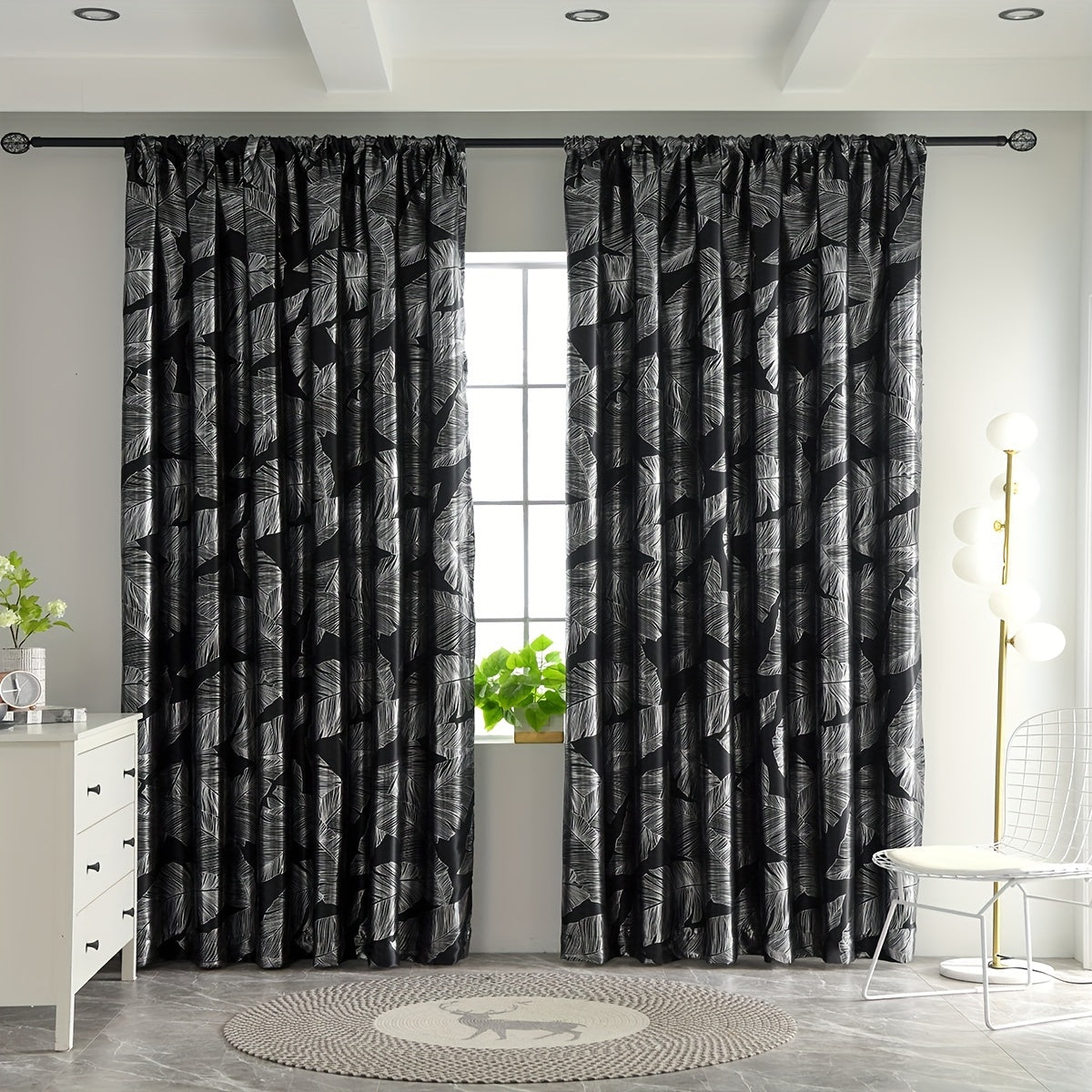 Cortinas blackout con patrón de hojas plateadas negras para sala de estar, dormitorio y cocina
