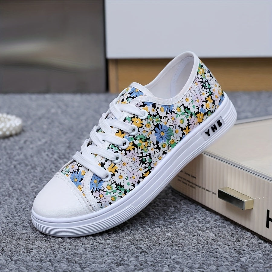Women’s Floral Sneakers Low-Top Casual Shoes Breathable Fabric White Cherry Blossom