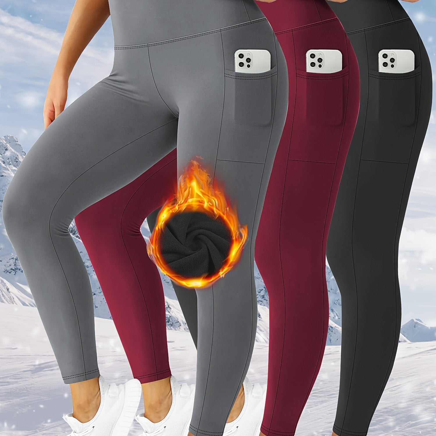 Plus Size Women's Fleece Lined Yoga Leggings Set with Phone Pockets